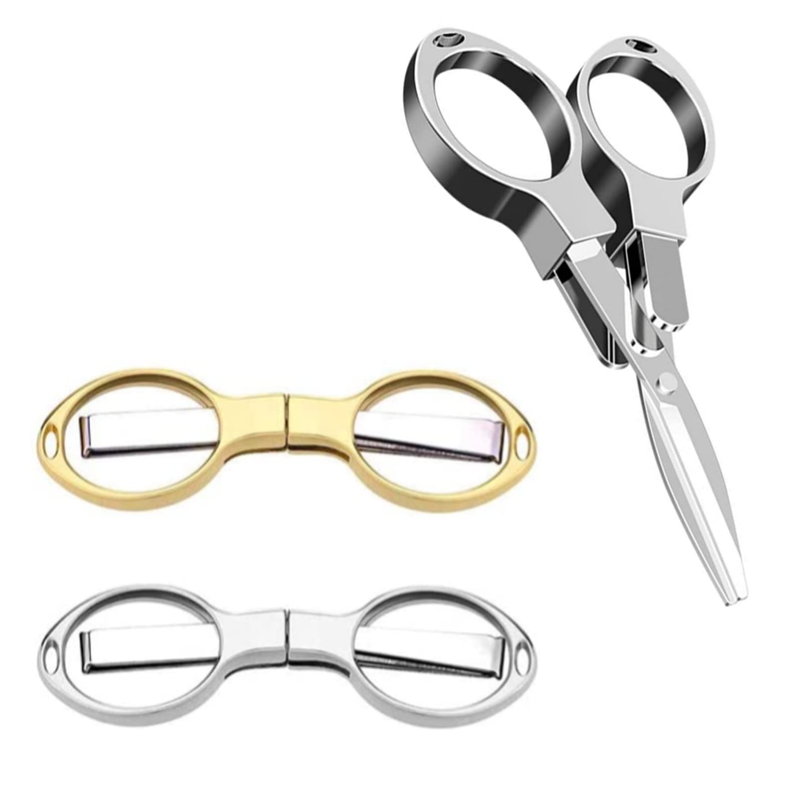 2Pcs Folding Travel Scissors - Glasses-Shaped Mini Safety Cutter with Keyring, Stainless Steel for Household, Office, School & Fishing