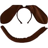 2 Pack Dog Ear Headband and Tail Set for Adults and Kids, Plush Brown Puppy Animal Accessories with Adjustable Ears Headband and Tail for Halloween, Dress-Up Parties, and Cosplay