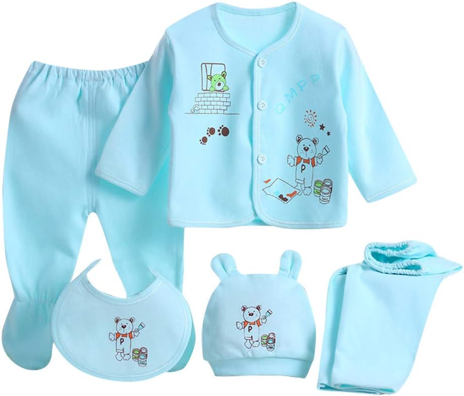 Starryflashing_ Baby Clothes SetBaby Boys Girls Sleevepwear Set, Newborn Infant Kids 5PCS Cartoon Long Sleeve Tops+Hat+Pants +Bib Outfits Set