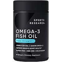 Sports Research Triple Strength Omega 3 Fish Oil - Burpless Fish Oil Supplement w/EPA & DHA Fatty Acids from Wild Alaskan Pol