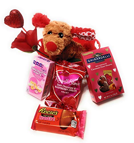 Valentines Day 8 Piece Gift Set: 7″ Puppy, Chocolate Candy Bundle in Red Basket