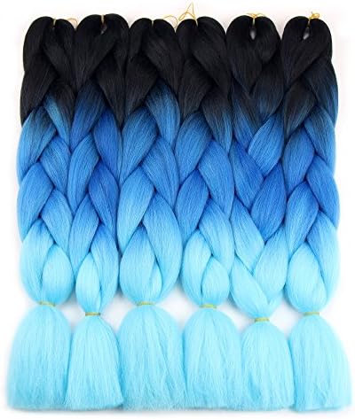 Ombre Kanekalon Braiding Hair Crochet Braids 24Inch 100g/Pcs 6Pcs/Lot Synthetic Jumbo Braid Hair Extensions (24 Inch, Black-Blue-Sky blue)