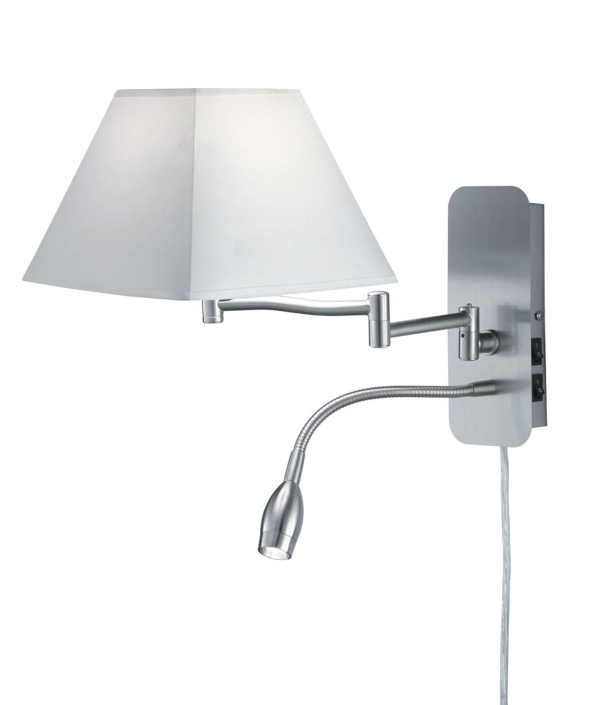 Trio Leuchten Hotel 271370201 Wall Light Metal Nickel Matt Fabric Shade White Includes 3.1 Watt LED Excludes 1x E14 Separately Adjustable Reading Arm Flexible