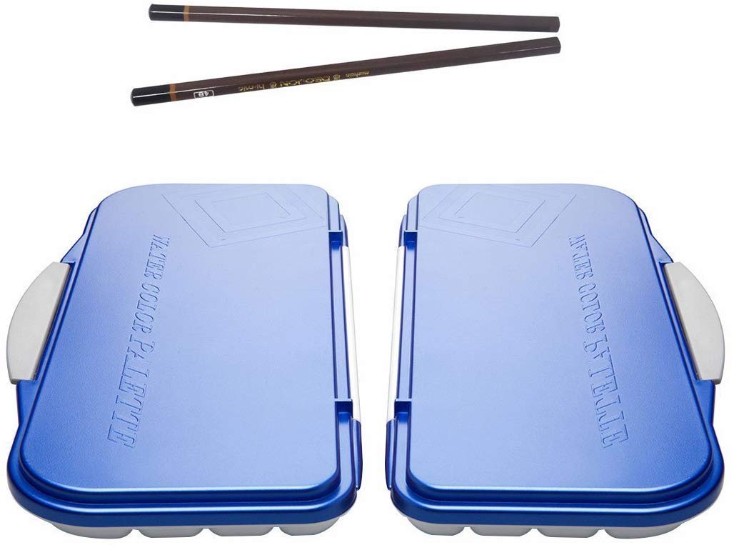 Mijello Airtight Watercolor 18-Well Blue Palette 2 Pcs (4B Art Pencil x 2 Gift)