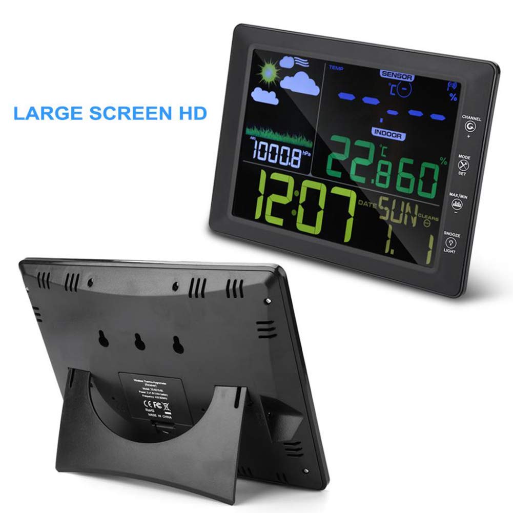 YZmoffer Wireless Color Weather Forecast Station Monitoring Indoor Outdoor Temperature and Humidity Touch Control, Digital Weather Clock Voice-Activated, Wireless Outdoor Sensor (Black)