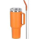 40 Oz Tumbler with Handle and Straw, Stainless Steel Double Wall Vacuum Insulated Cup, 40 OZ Travel Coffee Mug Bulk with Silicone Water Bottle Boot(Orange)