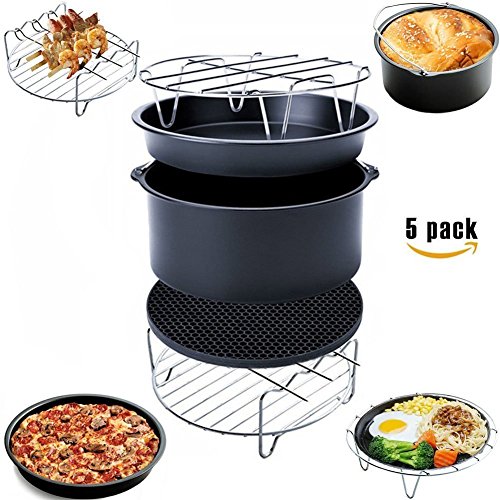 5 Piece Air Fryer Accessories for Gowise Phillips Cozyna Air Fryer, Including Cake Barrel, Pizza Pan, Metal Holder, Skewer Rack and Silicone Mat, Fit All 3.7QT 5.3QT 5.8QT with 7 Inch Diameter