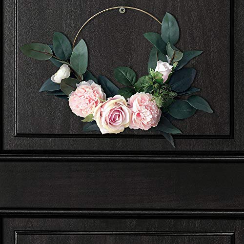 Adeeing Hoop Wreath, 15 Inch Artificial Rose Flower and Vine Wreath Garland Hanging Pendant for Wall Decor Wedding Backdrop (Pink)