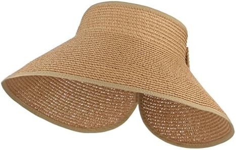 Cloudkids Women Straw Wide Brim Roll up Foldable Sun Hat Visor Cap Khaki