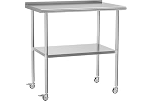 HOCCOT Stainless Steel Prep & Work Table with Adjustable Shelf, with Backsplash and Wheels, Kitchen Island, Commercial Workstations, Utility Table in Kitchen Garage Laundry Room Outdoor BBQ, 30" X 36"