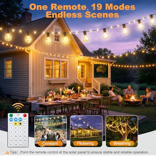 Outdoor Solar String Lights, 12M/39.4Ft Solar String Lights with 14+1 G40 Bulbs and 26 LED Beads, 19 Modes Waterproof IP44 Outdoor String Lights for Garden, Terrace, Wedding, Party