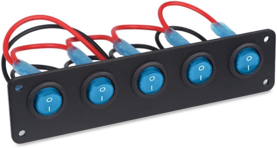 WATERWICH DC 12V-24V 5 Gang ON-Off Buttom Ignition Marine Boat Toggle Rocker Switch Panel Waterproof for RV Car Vehicles Truck Trailer Yacht SUV (5 Gang Blue): Automotive
