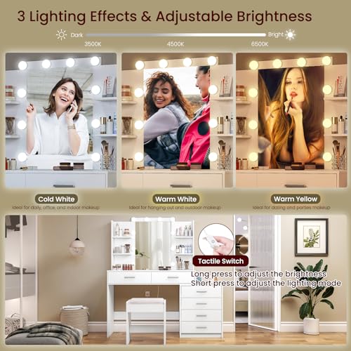 TEENFON 48” W Vanity Desk Set with Stool, Makeup Vanity with Mirror & Power Outlet, 6 Drawers, 6 Open Shelves, Vanity Table with 3 Light Color for Women, White