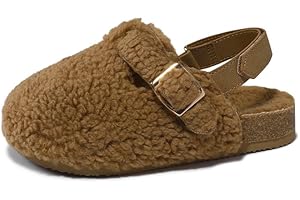 HOMEHOT Girls Fuzzy Winter Slippers Cozy Faux Shearling Upper & Cork Footbed, Indoor House Shoes