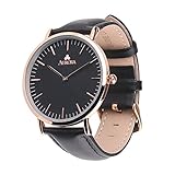 Aurora Women's Metal Retro Casual Round Dial Quartz Analog Wrist Watch with Black Leather Band (Women's Black Dial (Gold))