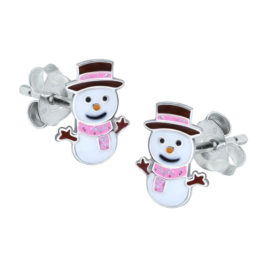 Katy Craig, Sterling Silver Snowman Christmas Earrings - Pink Glitter