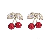 QIAOLEHUI Crystal Red Cherry Stud Earrings for Women Cute Shining Rhinestone Fruit Cherry Dangle Drop Earrings Summer Jewelry
