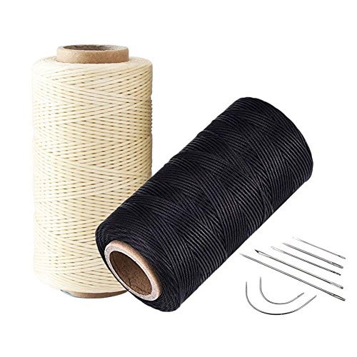 2pcs 260 Meter 0.8mm 150D Flat Leather Waxed Thread Cord Craft with 1 Set (7pcs) Curved Upholstery Sewing Needles Leather Waxed Thread Drilling Awl Thimble (Beige+Black)