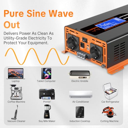 SolaYnc 4000W/8000W 24V 220V/230V Pure Sine Inverter DC AC Sine Wave Inverter, with LCD Display, Remote Control, 2 EU AC Sockets, Type-C 30W Interface and USB Port, for Cars, Boats, Trucks
