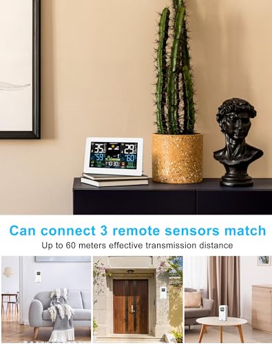 Indoor and Outdoor Weather Station with Color Display, Weather Forecast, Temperature, Humidity, LCD Alarm Clock with Repeat Function and Air Pressure