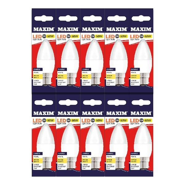 Maxim LED Candle Bayonet Cap (Warm White) - 7.5watt (60watt) - 806 Lumen (Pack 10) - 60MLCB22W5X10