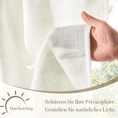 TOPICK Kitchen Curtains with Rod Pocket Bistro Rod Pocket for Living Room Translucent Modern Farmhouse Country Style with Tunnel Linen White Set of 2 65 x 90 cm