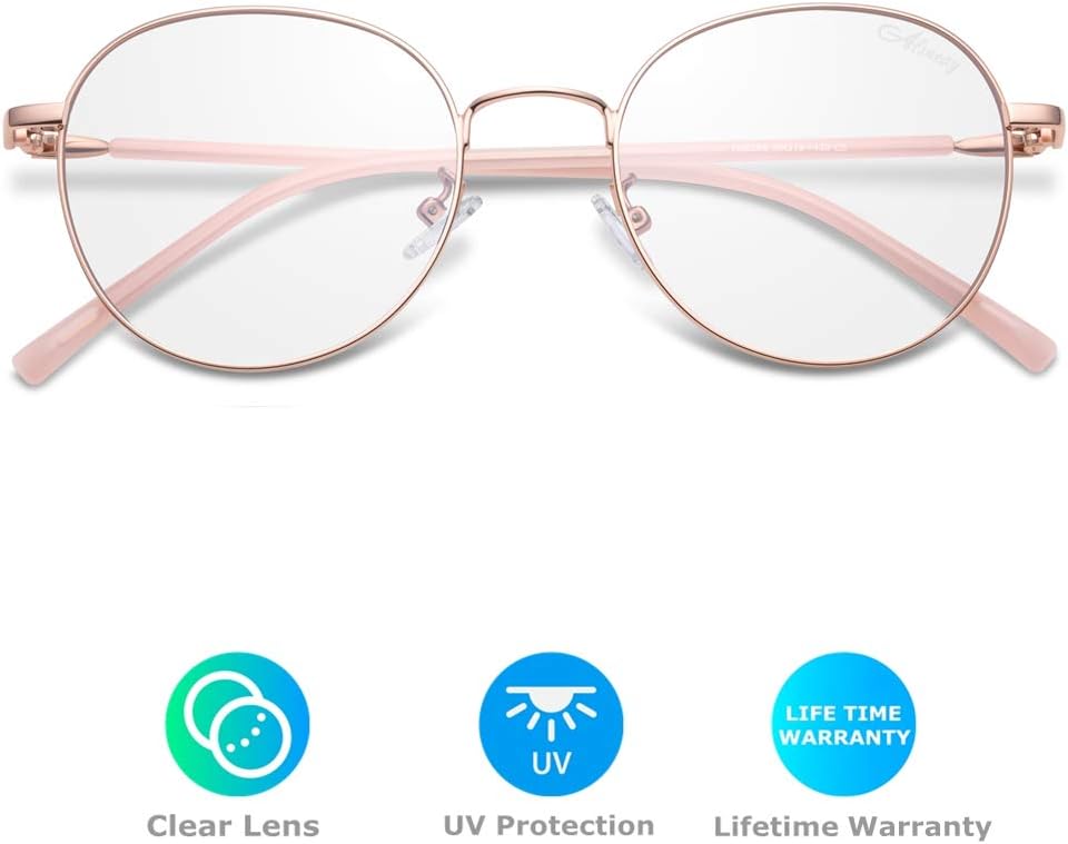 Amazqi Blue Light Blocking Glasses, Classic Computer Glasses Anti Blue Rays Eyeglasses UV Filter Lens Lightweight Round Metal Frame Reduce Eyestrain Headache for Women Teens Girls Ladies Computer Use