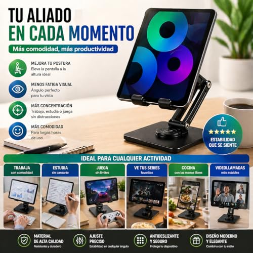 Yoele Soporte Tablet Escritorio Brazo Ajustable Estable – Base Pesada Giratoria 360° para iPad, Kindle y Tablets, Ideal para Oficina, Estudio y Uso Diario