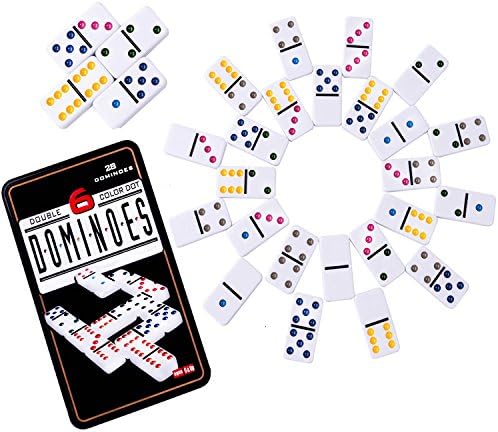 Color Dominoes Game Set, DOUBLEFUN Double 6 Color Dot Dominoes with Collector Tin, Set of 28