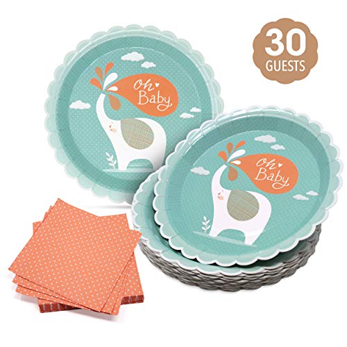 Baby shower plates and Napkin set - Disposable mint and peach 400 gsm paper Dinnerware-3-ply Cocktail Napkins with White Polka Dots- Perfect for Gender Reveal and Birthday parties-60-piece pack.