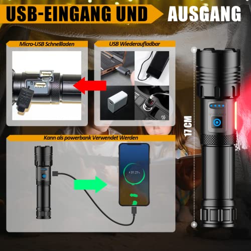 HANHUI Taschenlampe LED 10000 Lumen Extrem Hell Taschenlampen USB Aufladbar Taktische Taschenlampe mit COB Arbeitsleuchte 7 Lichtmodi IPX67 Wasserdicht Flashlight Zoombar für Camping Wandern Notfälle