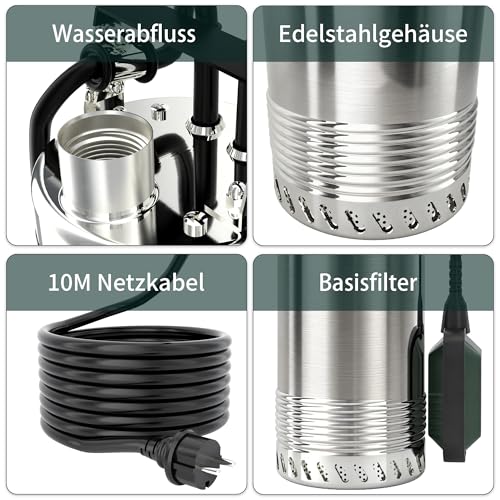 LANCHEZ 1500 W Submersible Pump with Float, Submersible Pressure Pump with 6800 l/h Flow Rate, Maximum Head 60 m, Immersion Depth Max. 16 m, Water Pump for Cellars, Agriculture, Horticulture