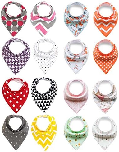 16Packs Baby Drool Bibs Bandana Unisex Baby Gift Set Super Absorbent Cotton Bibs w/Snap for Girls and Boys