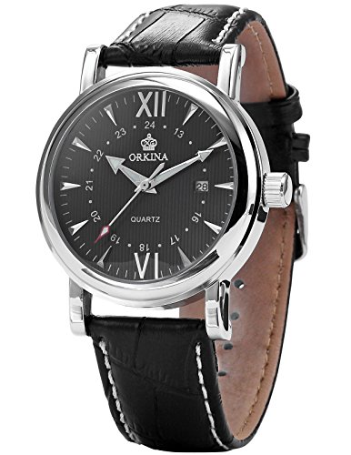 Orkina Mens Black Dial Leather Sport Date Quartz Wrist Watch Gift ORK106