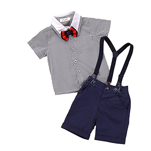 EGELEXY Summer Boys Clothing Sets Gentleman Shirt and Suspender Trousers 1-2Years Grey