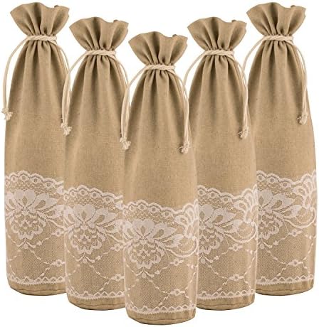 Burlap &amp; Lace Wine Bag with Drawstring tie (PACK OF 5)