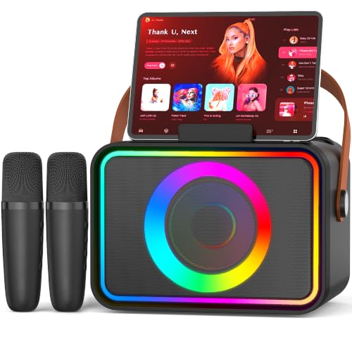 ultramic Karaoke Machine, Portable Bluetooth Speaker with 2 Wireless Microphone for Adults Kids with LED Lights Power Amplifiers, Karaoke Microphone PA System Supports USB,Gift for Party(Black)