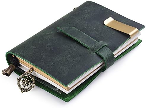 7Felicity Classic Genuine Leather Notebook,Refillable Pages Leather Journal for Gifts,Fountain Pen Users,Diary,Handmade Personalized Traveler's Writing Notebook(Style 12S) (Green)