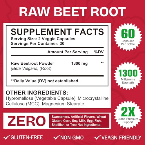 Beetroot Capsules, 120 Capsules Beetroot Supplement 1300mg, Nitric Oxide Boost, Natural Beet Root Extract Rich in Vitamins & Minerals, Non-GMO, Vegan, Gluten-Free Raw Powder