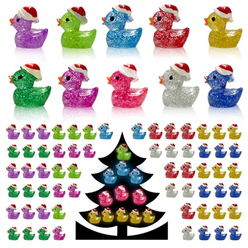100PCS Christmas Glitter Mini Resin Ducks, Luminous Miniature Figures Tiny Ducks Micro Landscape Garden Aquarium Dollhouse for Xmas Birthday Ornaments