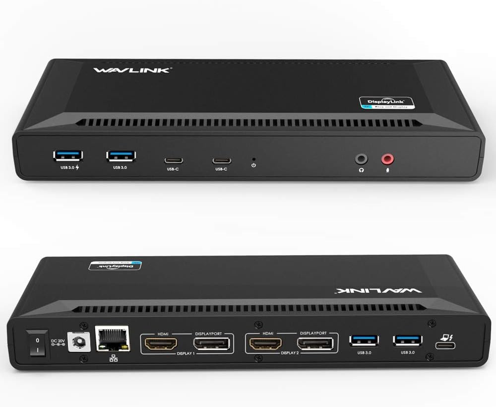 WAVLINK USB 3.0 / USB C Dual 4K Display Docking Station with DisplayPort and HDMI for Windows or macOS Support 65W Power Charge to Host Computer