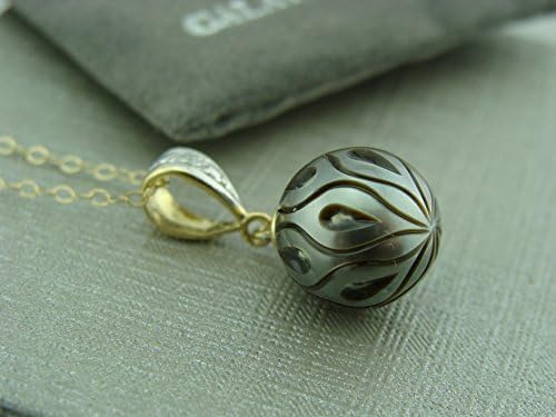 14K Gold Diamond Genuine Galatea Handcarved Calla Lily Tahitian Cultured Round Pearl Black