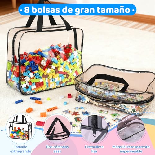 8 Paquetes De Bolsas Grandes Para Juguetes Con Etiquetas, bolsas con Etiquetas y Cremallera de Metal, Bolsa organizadora de juguetes de plástico transparente reutilizable (Negro, Large)