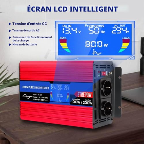 ETREPOW 1000 W/2000 W Pure Sine Converter 12 V 220 V/230 V Transformer – 2 EU AC Power Socket, 1 USB Port, Wireless Remote Control and LCD Screen, for Car, Camping, Travel