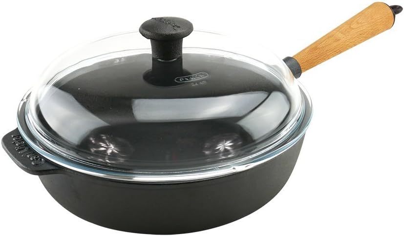 Carl Victor Pre-Seasoned Cast Iron Skillet/Saute Pan 25cm Wood Handle with Lid, Induction