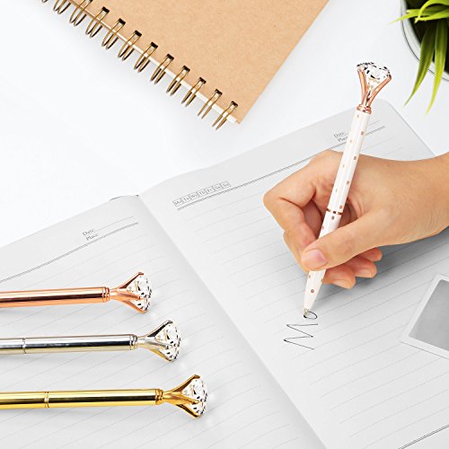 Diamond Ballpoint Pen - (5 Pack) Rose Gold Pens with Big Diamond/Crystal and Metal Ball-Point Fun Bling Crystal Pen for Stylish Fancy Office Supplies, Black Ink