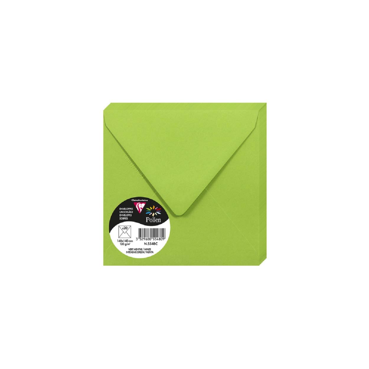 Clairefontaine 5548C Pack of 20 Gummed Envelopes Square 14x14cm 120g/m² Intensive Green Invitation Events Correspondence Pollen Range Premium Smooth Paper