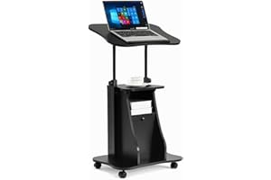 Tangkula Mobile Laptop Podium, Height Adjustable Sit to Stand Desk with Tilting Desktop & Storage Cabinet, Ergonomic Rolling Lectern Cart Laptop Desk, Office Podium Stand on Wheels
