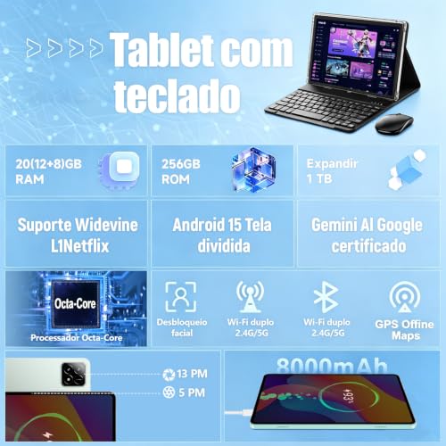 Tablet Xixaomiro S11 10.1" Android 15, 20GB + 256GB, acompanha película, caneta, mouse e teclado. Tela 1920x1200, Wi-Fi, câmera 13MP + 5MP, bateria 8000mAh – Verde