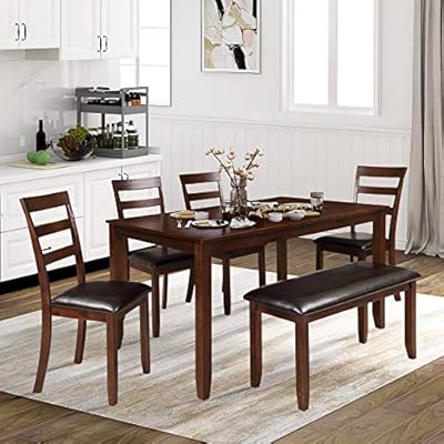 Buy Yinkuu Dining Table And Chairs Set 6 Modern Wooden Table With 4 High Back Faux Leather Chairs And 1 Bench Set Kitchen Dining Room Restaurant Furniture Easy Assemble Walnut Dining Table
